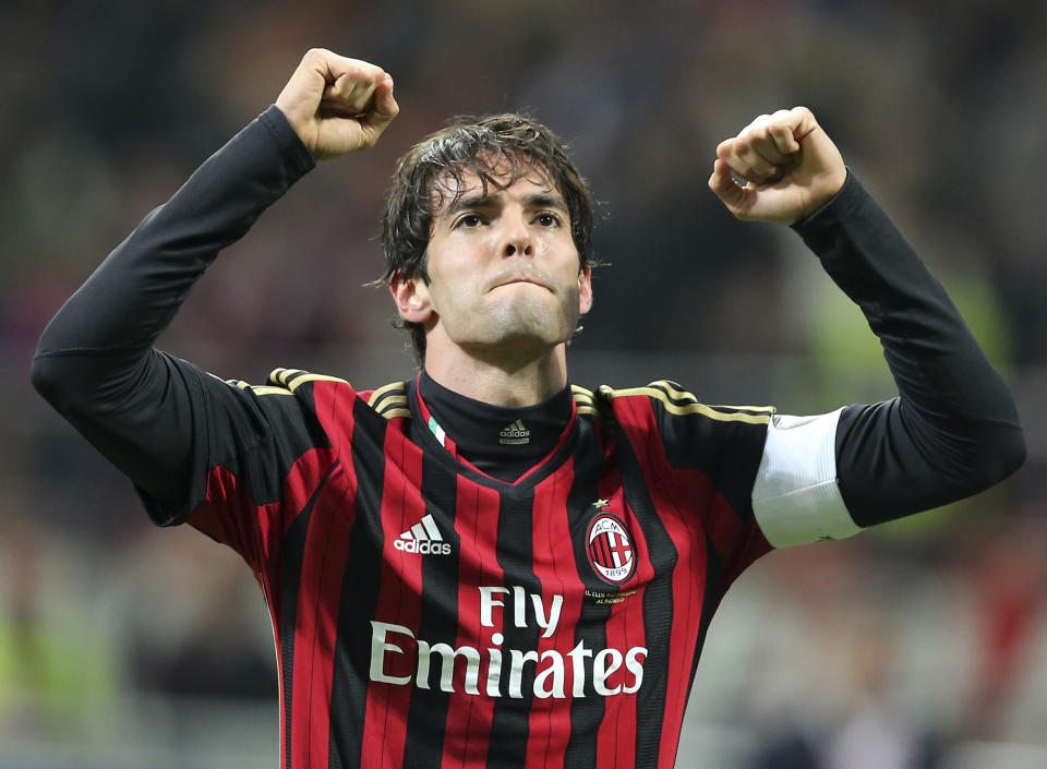 AC Milan Brazilian forward Kaka celebrates after scoring during the Serie A soccer match between AC Milan and Chievo Verona at the San Siro stadium in Milan, Italy, Saturday, March 29, 2014. (AP Photo/Antonio Calanni)