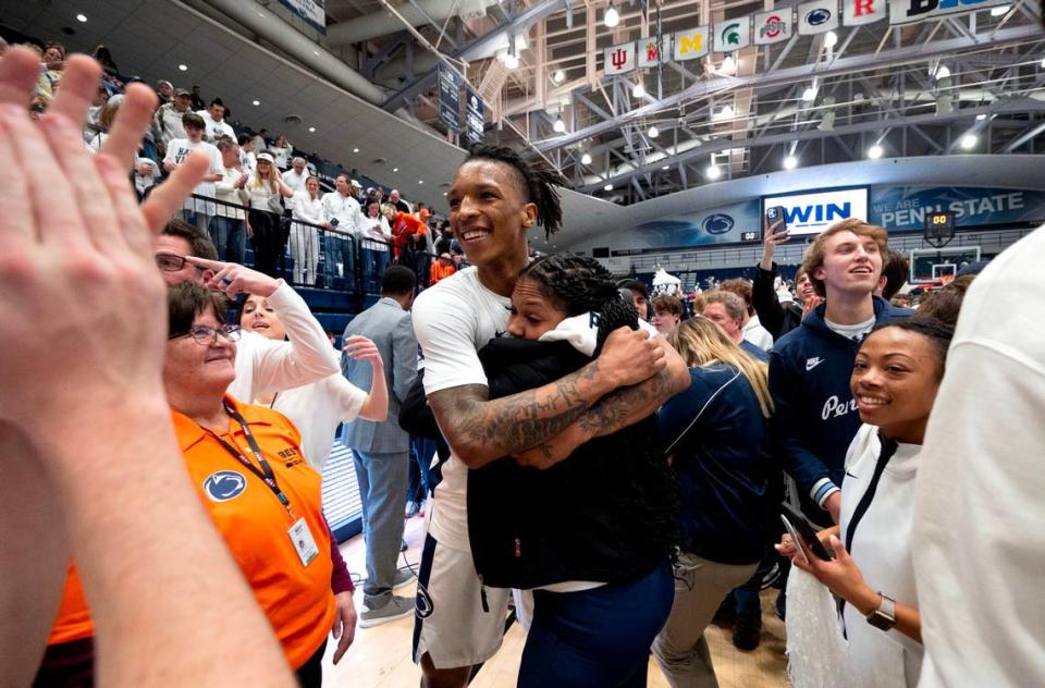 Penn State’s Nick Kern Jr. gets hugs after the 90-89 win over Illinois on Wednesday, Feb. 21, 2024 at Rec Hall.