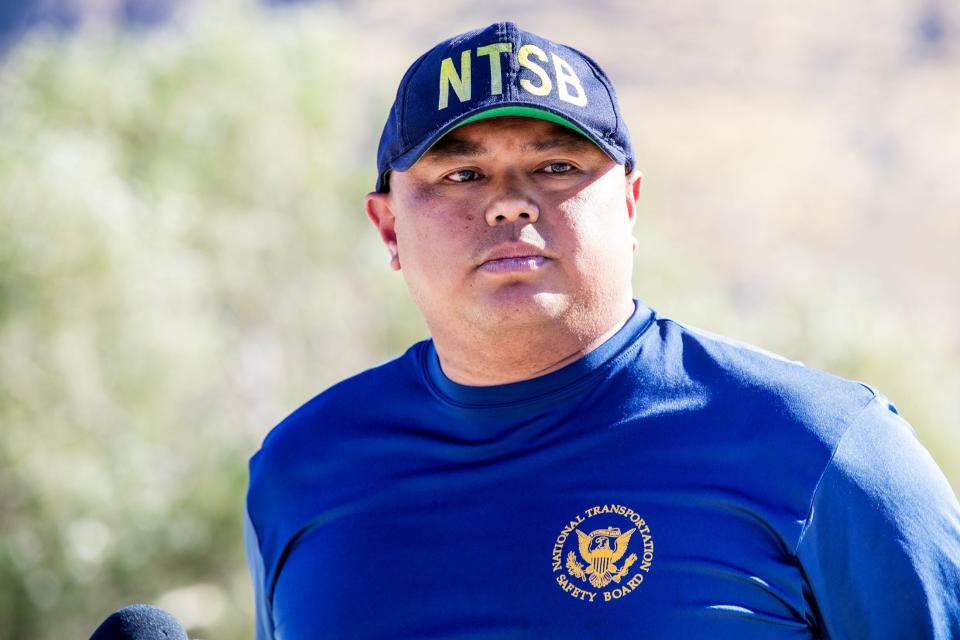 National Transportation Safety Board Air Safety Investigator Eleazar Nepomuceno speaks during a media briefing regarding the investigation of the midair collision between two firefighting helicopters the day prior, in Cabazon, Calif., on Monday, August 7, 2023.