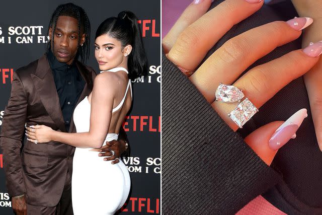 <p>Tommaso Boddi/Getty ; Kylie Jenner Instagram</p> Travis Scott and Kylie Jenner attend the Travis Scott: "Look Mom I Can Fly" Los Angeles Premiere on August 27, 2019 in Santa Monica, California. ; Kylie Jenner ring detail.