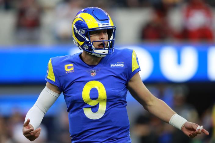 Matthew Stafford #9 of the Los Angeles Rams reacts during the fourth quarter against the San Francisco 49ers at SoFi Stadium on January 09, 2022 in Inglewood, California.