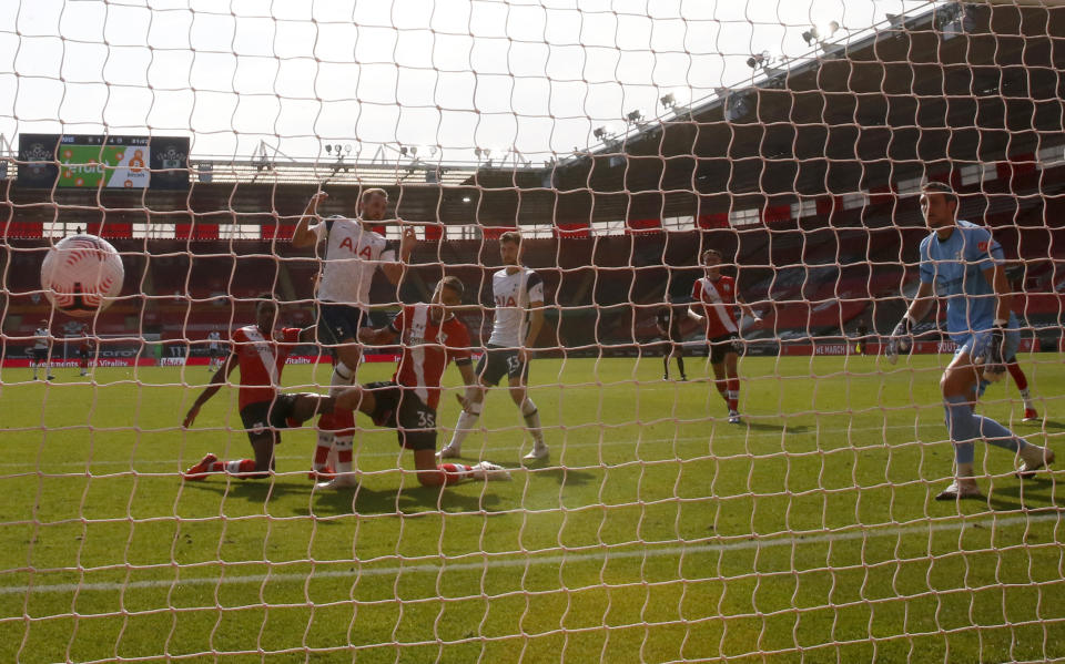 Tottenham Hotspur's Harry Kane scores his side's fifth goal of the game during the Premier League match at St Mary's Stadium, Southampton.