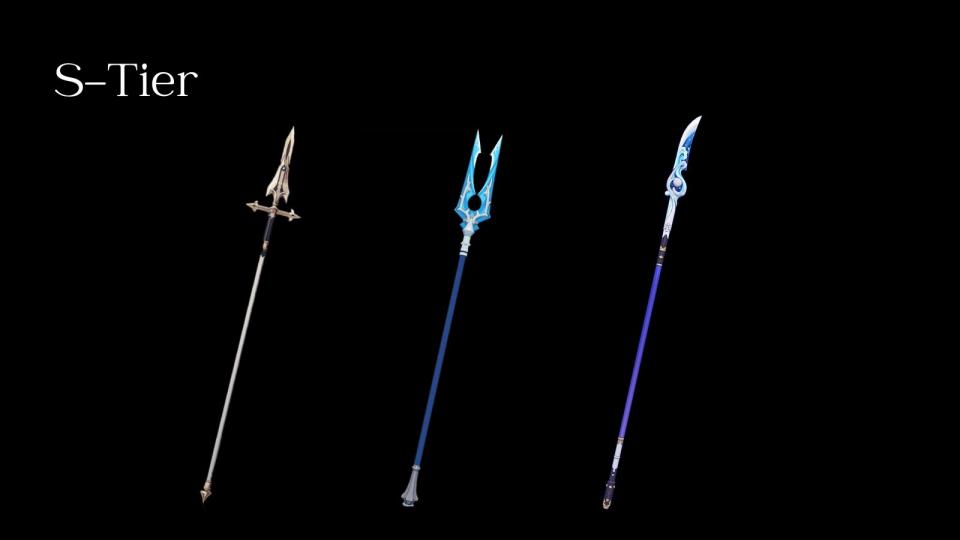 From left to right: S-tier polearms Favonius Lance, The Catch, Wavebreaker's Fin. (Photos: HoYoverse)