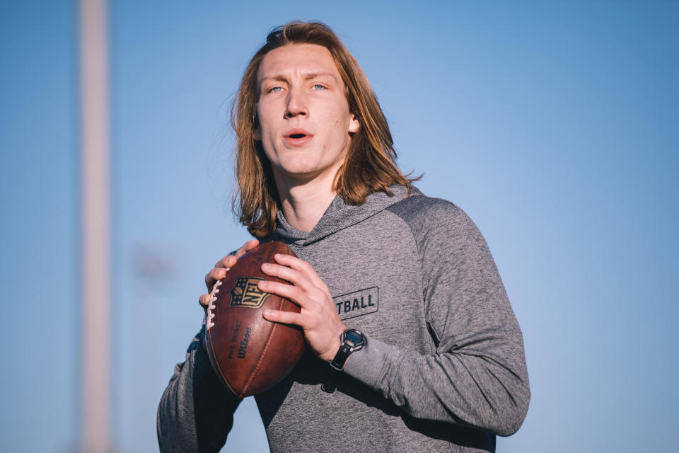 ORANGE COUNTY, CA - JANUARY 26: Quarterback Trevor Lawrence goes through drills during Jordan Palmer's QB Summit NFL Draft Prep in a park on January 26, 2021 in Orange County, CA. (Photo by Aubrey Lao/Getty Images)