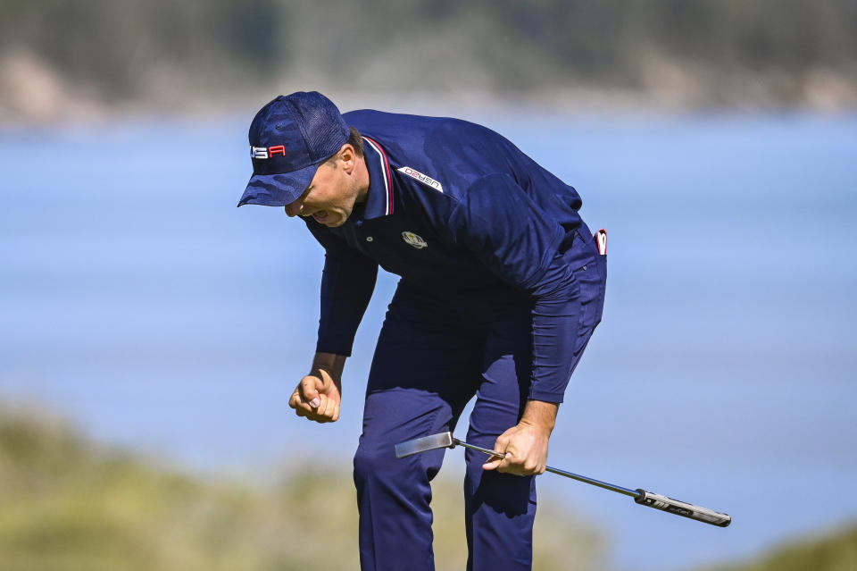 SHEBOYGAN, WI - SEPTEMBER 25:  Jordan Spieth of the U.S. Team celebrates and pumps his fist after making an eagle putt on the 16th hole green during Saturday Morning Foursomes Matches of the 43rd Ryder Cup at Whistling Straits on September 25, 2021 in Sheboygan, Wisconsin. (Photo by Keyur Khamar/PGA TOUR via Getty Images)