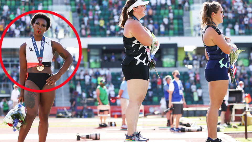 Gwen Berry, pictured here after turning away from the US flag.