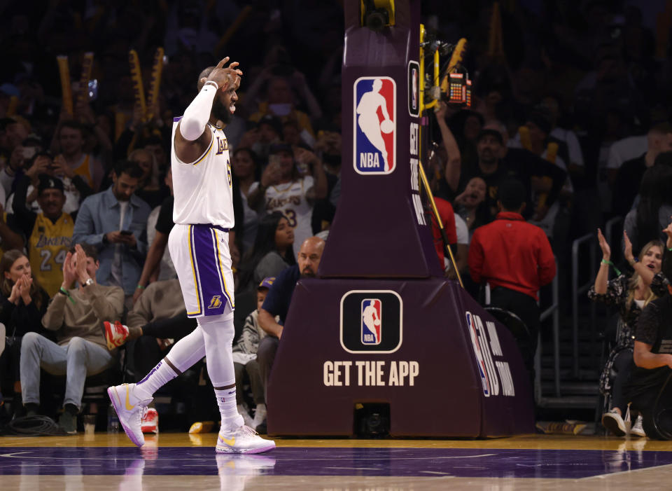 LOS ANGELES, CALIFORNIA - APRIL 09: LeBron James #6 of the Los Angeles Lakers celebrates his three pointer to take a 128-117 lead over the Utah Jazz resulting in a 128-117 Lakers win at Crypto.com Arena on April 09, 2023 in Los Angeles, California. NOTE TO USER: User expressly acknowledges and agrees that, by downloading and or using this photograph, User is consenting to the terms and conditions of the Getty Images License Agreement. (Photo by Harry How/Getty Images)