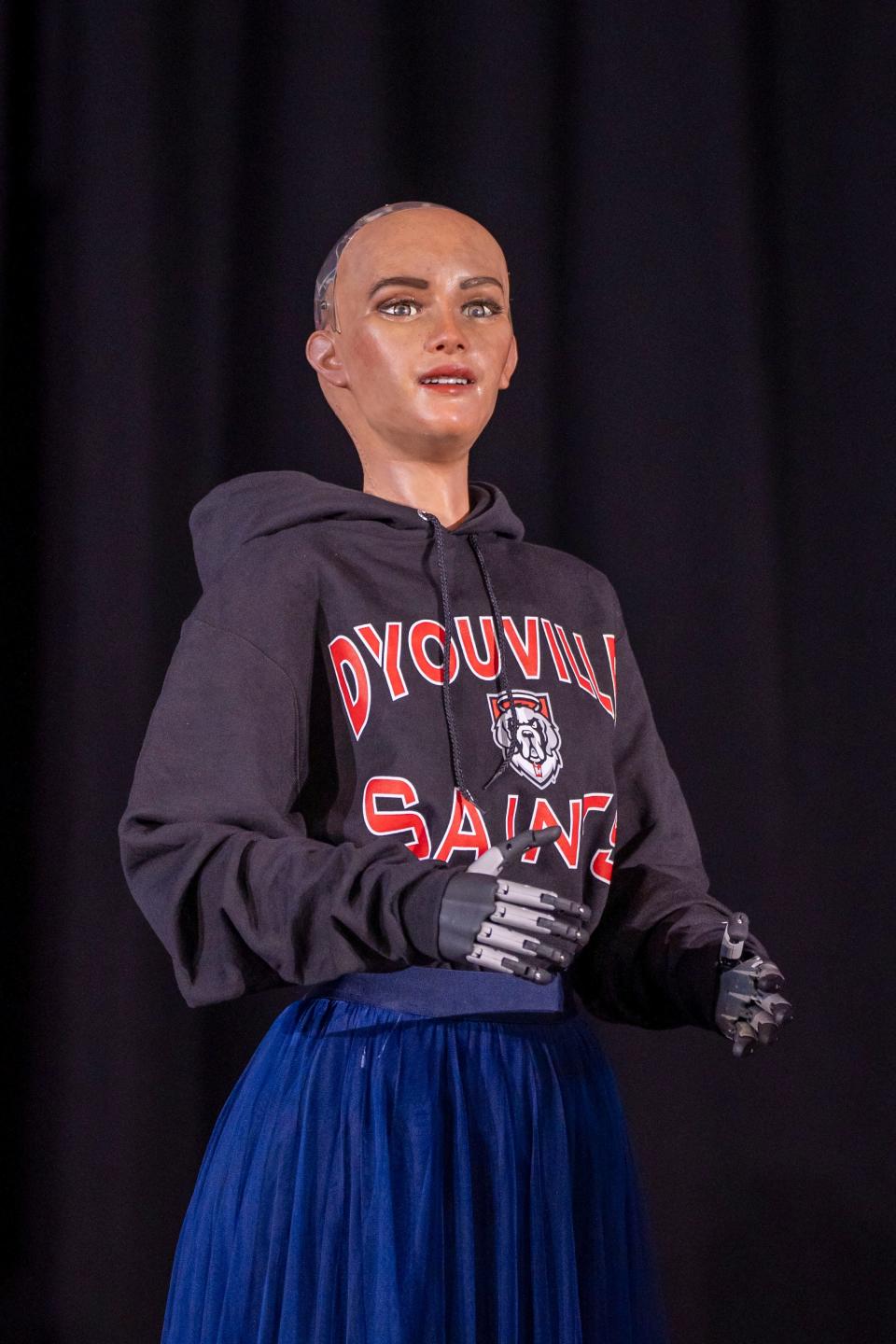 Sophia the humanoid robot speaking during D’Youville University's spring commencement ceremony on May 11, 2024.