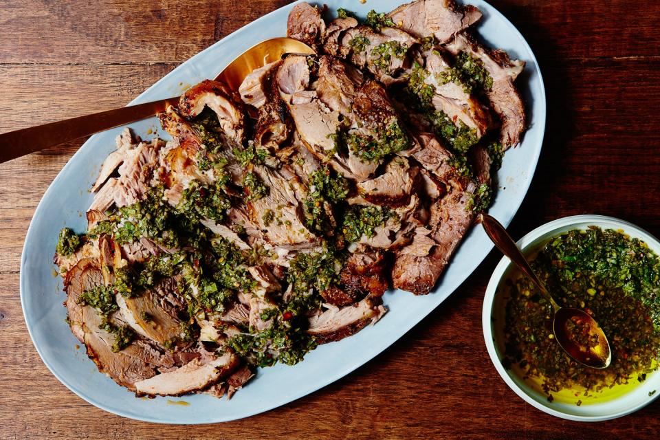 <h1 class="title">Slow Cooker Pork Shoulder with Zesty Basil Sauce</h1><cite class="credit">Photo by Chelsea Kyle, Prop Styling by Alex Brannian, Food Styling by Dawn Perry</cite>