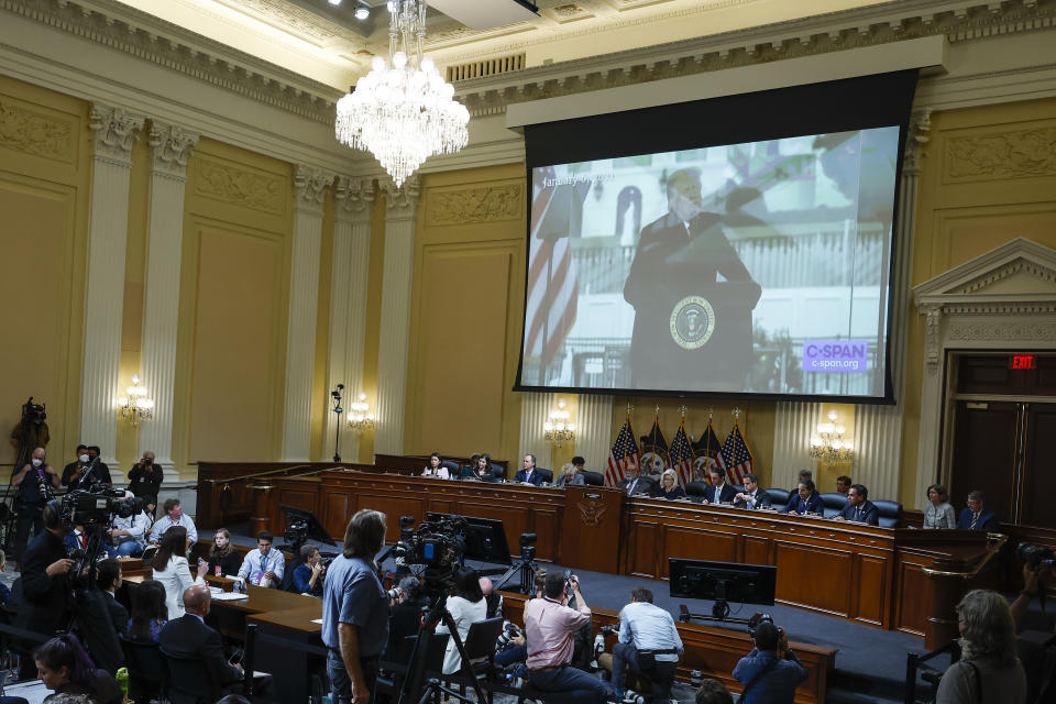 A image of former President Donald Trump is displayed as Cassidy Hutchinson, former aide to Trump White House chief of staff Mark Meadows, testifies as the House select committee investigating the Jan. 6 attack on the U.S. Capitol holds a hearing at the Capitol in Washington, Tuesday, June 28, 2022. (Photo by Anna Moneymaker/Getty Images)