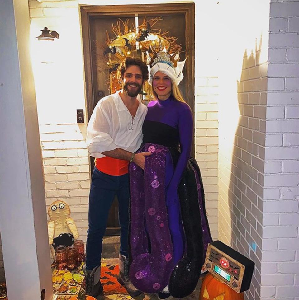 In another movie-inspired costume, the mom-to-be used her bump as part of her Ursula ensemble, while her husband played <em>The Little Mermaid</em>'s Prince Eric.