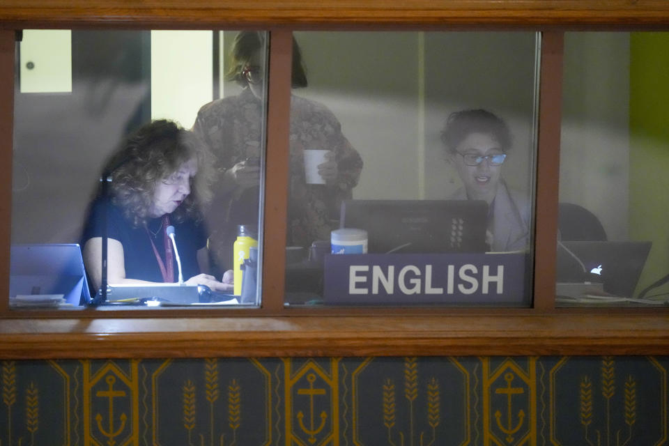 Translators prepare for a high level Security Council meeting on the war in Ukraine, Wednesday, Sept. 20, 2023 at United Nations headquarters. (AP Photo/Mary Altaffer)