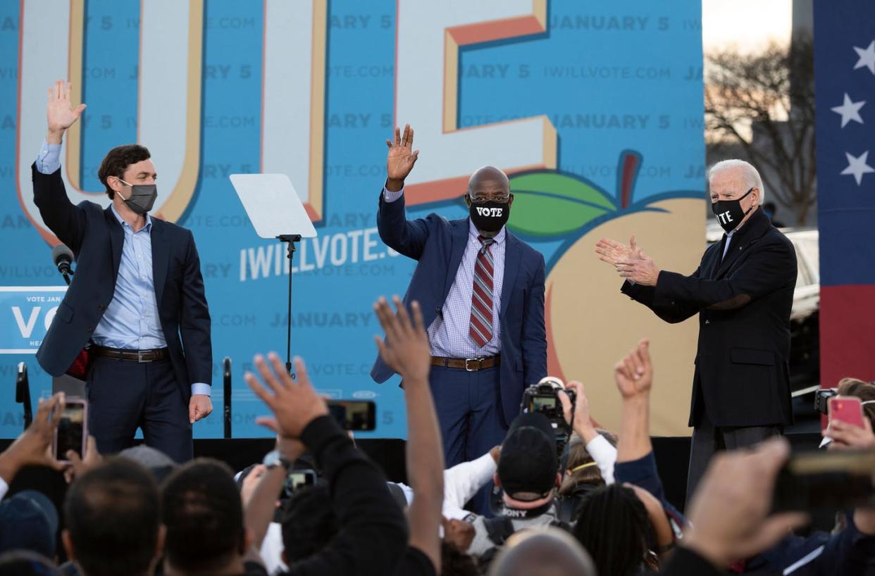 <span class="caption">Georgia's recent election of three Democrats for national office – one Jewish, one Black and one Catholic – upended over a century of politics openly hostile to minorities.</span> <span class="attribution"><a class="link " href="https://www.gettyimages.com/detail/news-photo/democratic-candidates-for-senate-jon-ossoff-raphael-warnock-news-photo/1230426242?adppopup=true&uiloc=thumbnail_more_from_this_event_adp" rel="nofollow noopener" target="_blank" data-ylk="slk:Jim Watson/AFP via Getty Images;elm:context_link;itc:0;sec:content-canvas">Jim Watson/AFP via Getty Images</a></span>