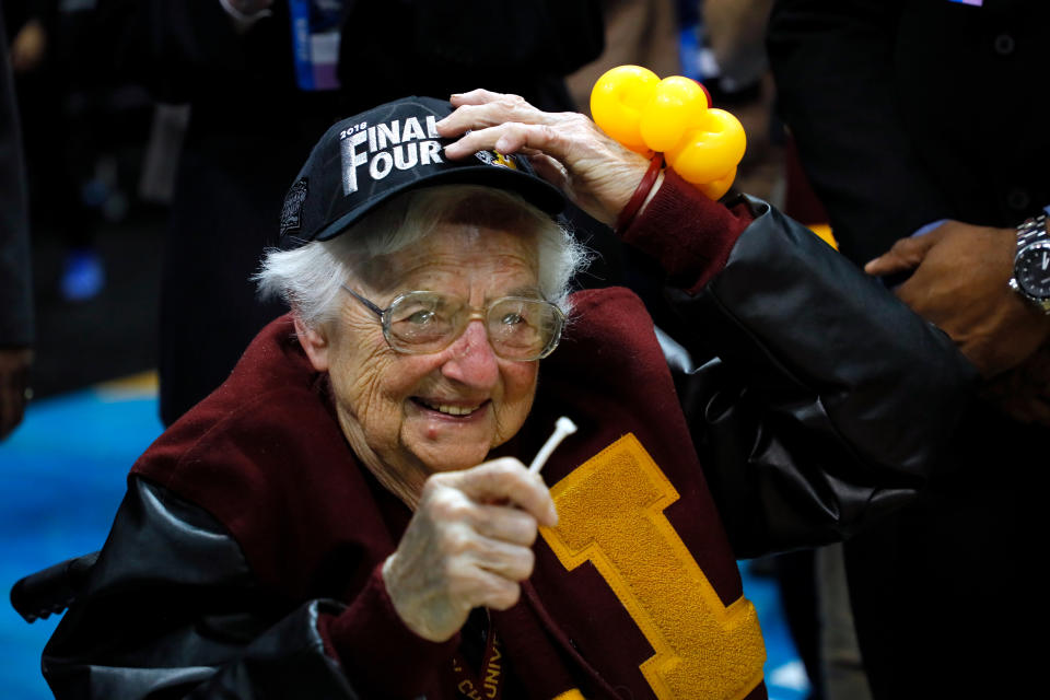 <p>Sister Jean Dolores Schmidt celebrates with the Loyola Ramblers after defeating the Kansas State Wildcats during the 2018 NCAA Men’s Basketball Tournament South Regional at Philips Arena on March 24, 2018 in Atlanta, Georgia. Loyola defeated Kansas State 78-62 (Photo by Kevin C. Cox/Getty Images) </p>