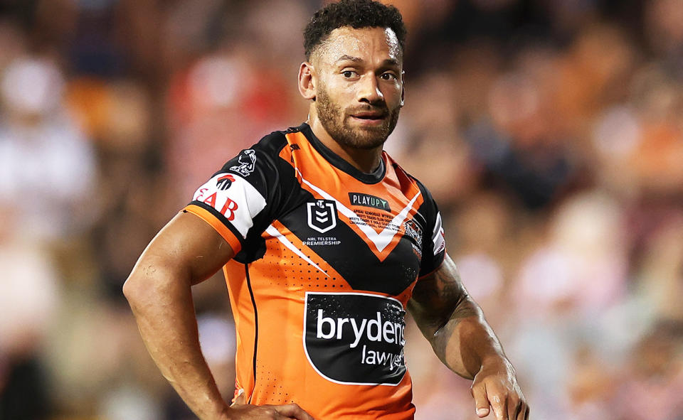 Apisai Koroisau, pictured here in action for the Wests Tigers against the Gold Coast Titans.