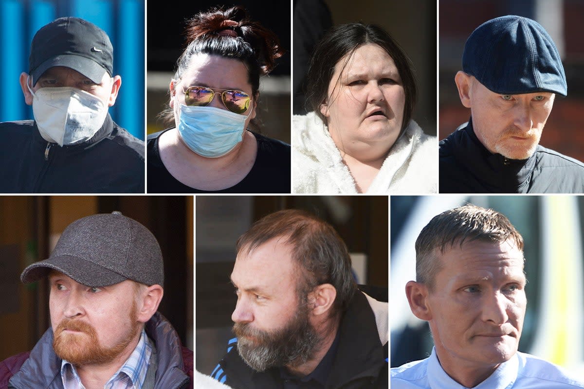 Child abusers (top left-right) Iain Owens, Elaine Lannery, Lesley Williams, Barry Watson, (bottom left-right) Scott Forbes, Paul Brannan, John Clark. (James Chapelard for The Independent)