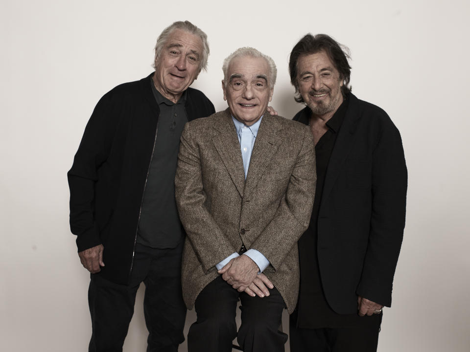 This Sept. 30, 2019 photo shows actor Al Pacino, from right, director Martin Scorsese, and actor Robert De Niro posing for a portrait to promote their upcoming film "The Irishman" in New York. (Photo by Victoria Will/Invision/AP)