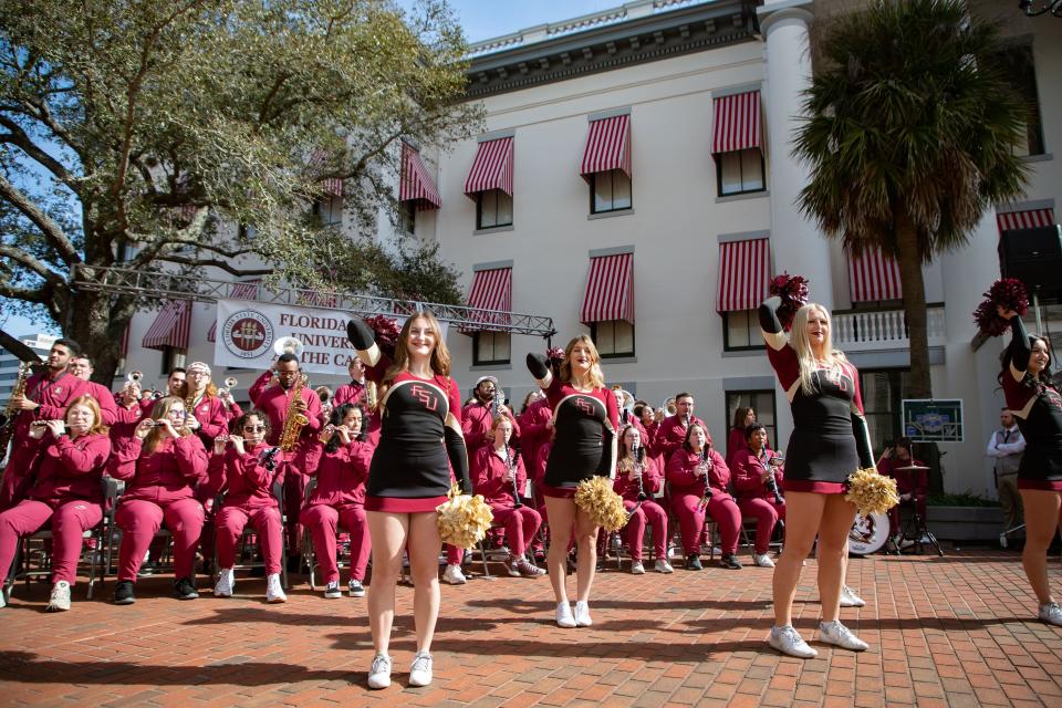 Florida State University cheerleaders and members of the Marching Chiefs celebrate FSU Day at the Capitol on Thursday, feb. 1, 2024.