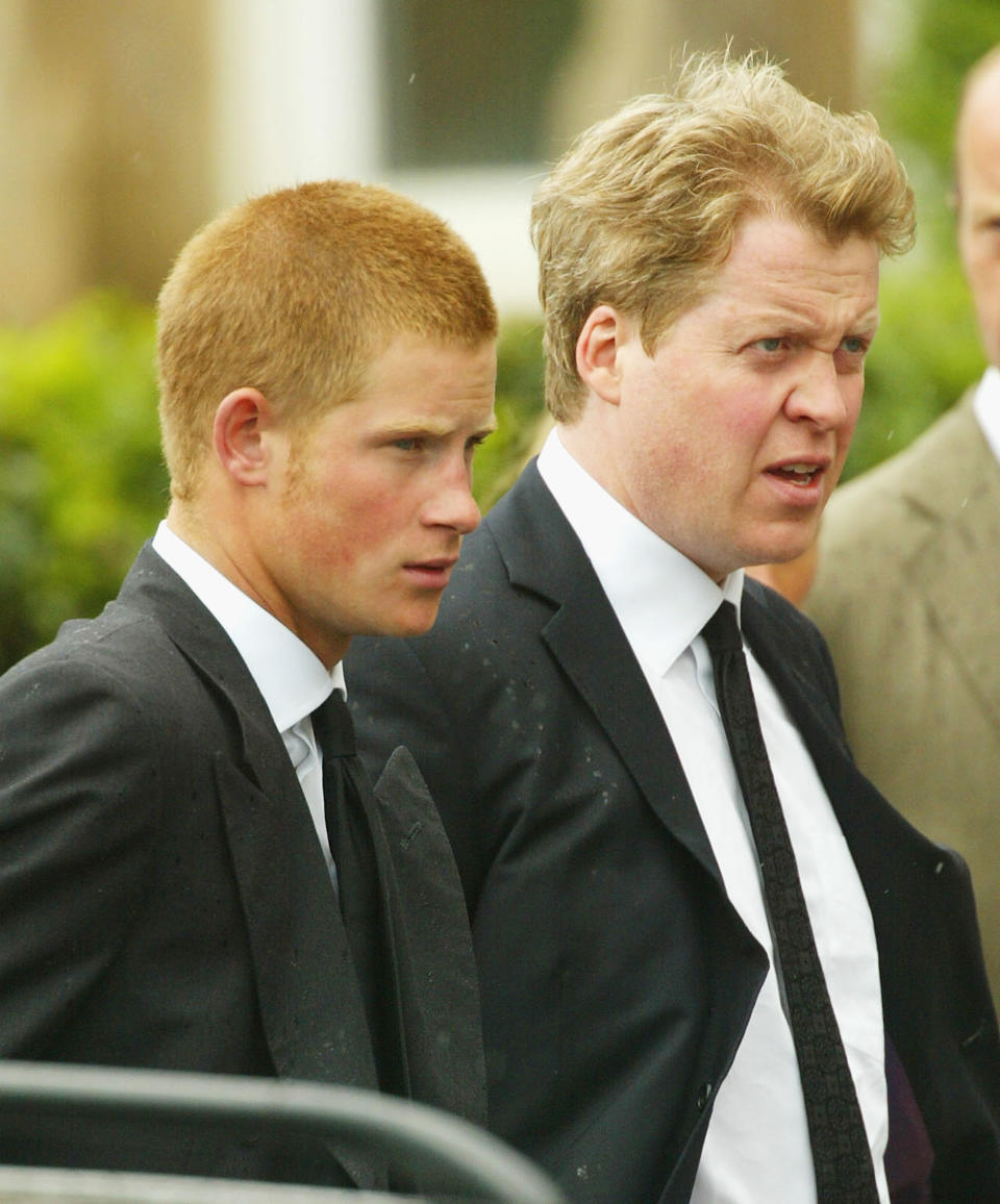 OBAN, SCOTLAND - JUNE 10:  Earl Spencer (R) and his nephew Prince Harry follow the coffin of Spencer's mother Frances Shand Kydd from the Cathedral of Saint Columba on June 10, 2004 in Oban, Argyll & Bute, Scotland. Mrs Shand Kydd died last Thursday, June 3, at her home on the remote Isle of Seil, aged 68, after a long illness.  (Photo by Christopher Furlong/Getty Images)
