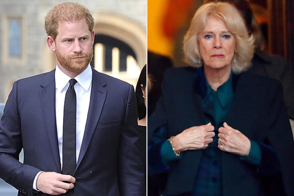 WINDSOR, ENGLAND - SEPTEMBER 10: Prince Harry, Duke of Sussex, and Meghan, Duchess of Sussex arrive on the long Walk at Windsor Castle arrive to view flowers and tributes to HM Queen Elizabeth on September 10, 2022 in Windsor, England. Crowds have gathered and tributes left at the gates of Windsor Castle to Queen Elizabeth II, who died at Balmoral Castle on 8 September, 2022. (Photo by Chris Jackson/Getty Images); LONDON, UNITED KINGDOM - MARCH 02: (EMBARGOED FOR PUBLICATION IN UK NEWSPAPERS UNTIL 24 HOURS AFTER CREATE DATE AND TIME) Camilla, Duchess of Cornwall visits the Ukrainian Catholic Cathedral to show her support for the Ukrainian community on March 2, 2022 in London, England. (Photo by Max Mumby/Indigo/Getty Images)