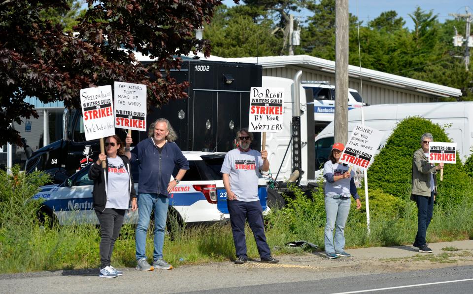 Members of the Writers Guide of America and supporters were out picketing at the so-called base camp for the Netflix series "The Perfect Couple". Production of the series was essentially stopped by the picketers who were out for the first time in two locations Tuesday and will continue until production has closed down. Last month the Writers Guild of America went on strike. The series stars Nicole Kidman, Liev Schreiber, Dakota Fanning and Meghann Fahey and is based on the novel 2018 novel by Elin Hilderbrand. Filming started in early April and was scheduled to go through the end of the month.