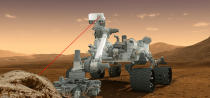 NASA's Mars rover Curiosity fires its mast-mounted ChemCam laser at a rock target in this artist's illustration. The laser has fired more than 100,000 shots on Mars.