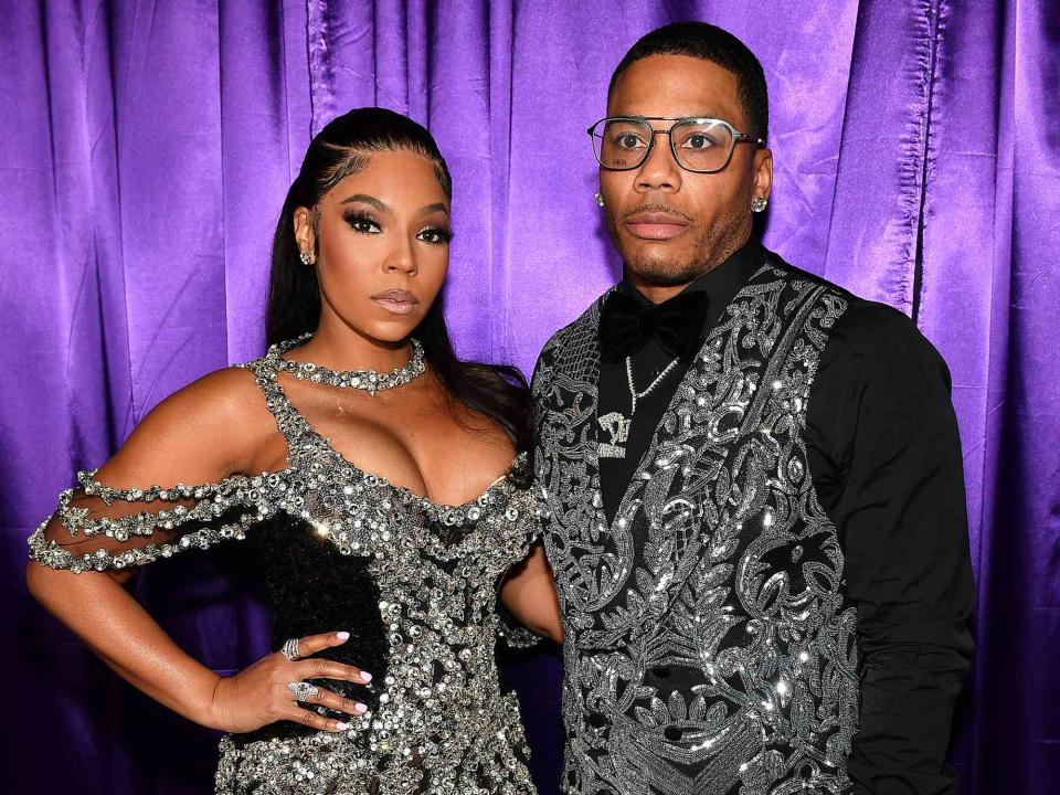 <p>Paras Griffin/Getty</p> Ashanti and Nelly in 2023