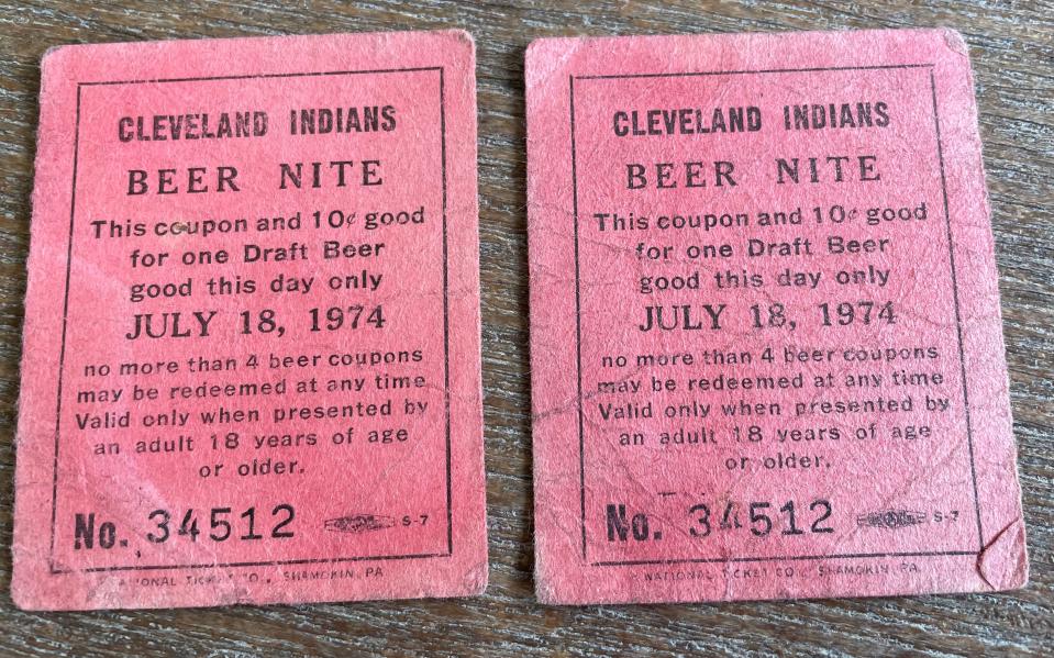 After a riot broke out during 10-cent beer night on June 4, 1974, at Cleveland Stadium, Cleveland held another 10-cent beer night on July 18, 1974. These are beer coupons collected by Firestone High School graduate Jess Ennis for the second 10-cent beer night.