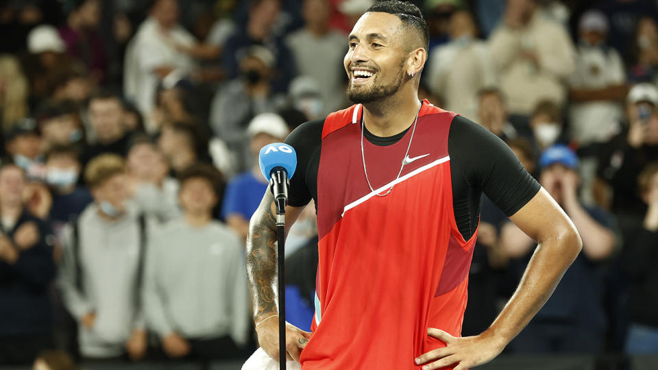 Nick Kyrgios, pictured here speaking on court after his win at the Australian Open.