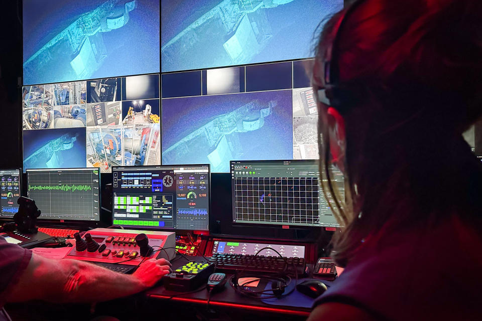 Nautilus Control Room 2
At the same moment as viewers around the world, the team in the control room of Exploration Vessel Nautilus, the team looks miles below the ocean at the shipwreck of USS Yorktown. (Ocean Exploration Trust)