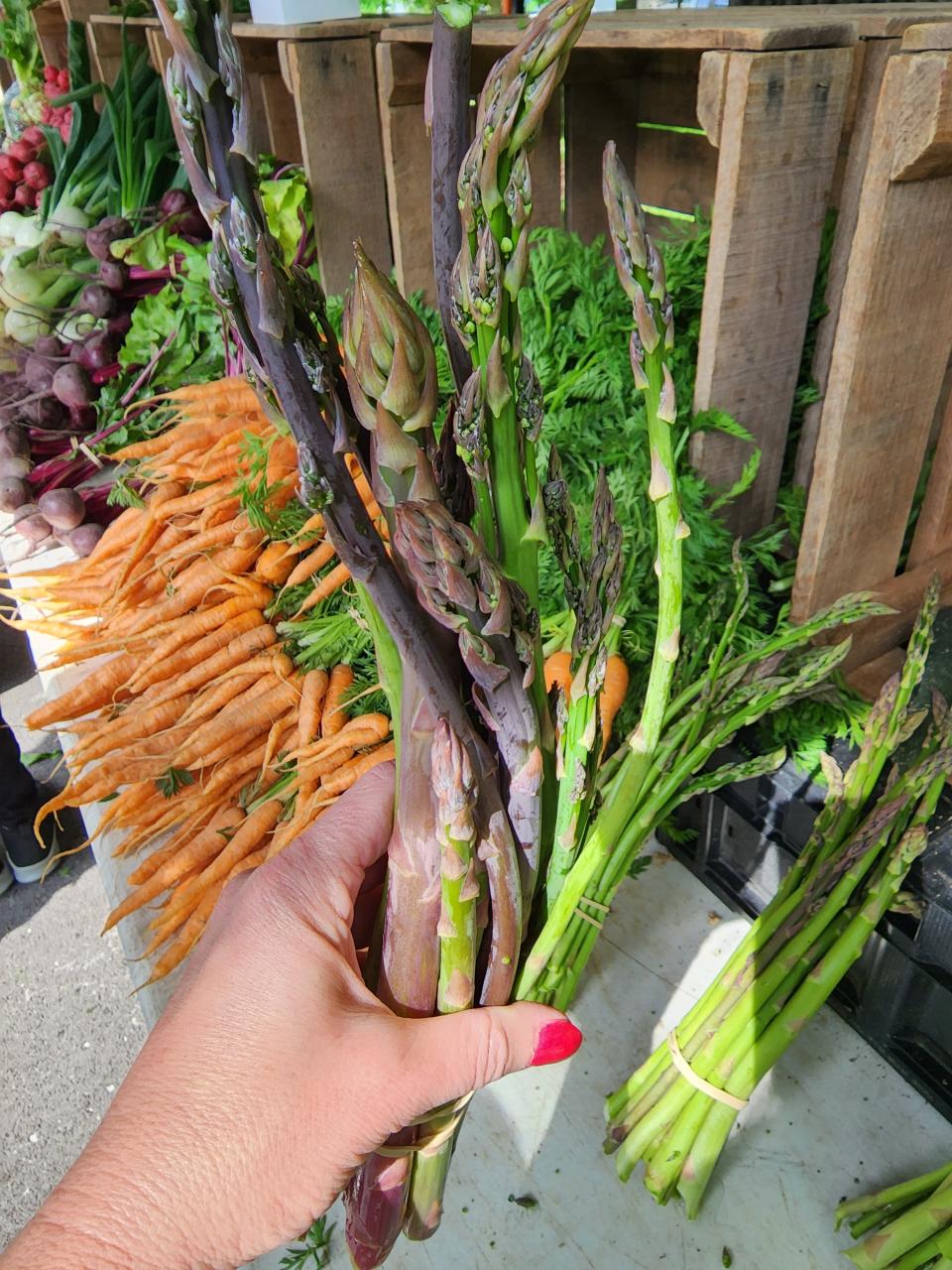 Fresh produce, including purple asparagus, purchased at the Douglass Loop Famers Market in Louisville.