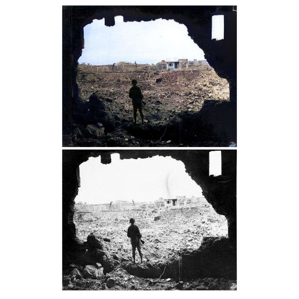 This photo combination shows digital colorization, top, by Anju Niwata and Hidenori Watanave, and original black and white photo that a Marine rifleman views the result of the American bombardment of Naha, on Okinawa, June 13, 1945. Niwata and Watanave started the photo colorization project in 2018. They call it “Rebooting Memories,” and they published a book last month of the colorized versions of about 350 monochrome pictures taken before, during and after the Pacific War. (U.S. Marines/Anju Niwata & Hidenori Watanave via AP)