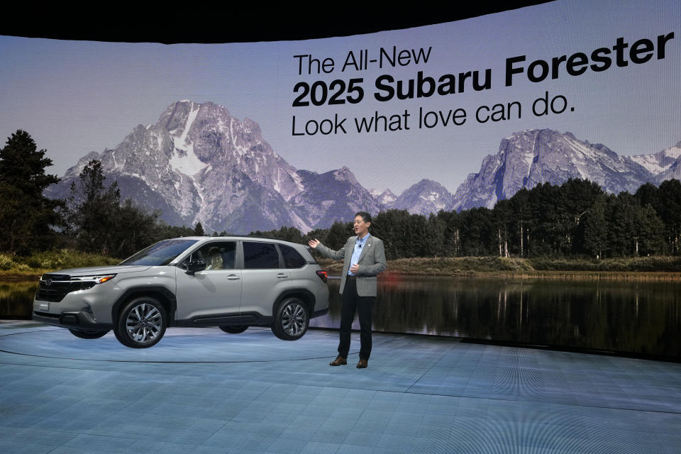 Atsushi Osaki, President and CEO of Subaru Corporation, introduces the 2025 Subaru Forester at the AutoMobility LA Auto Show, Thursday, Thursday, Nov. 16, 2023, in Los Angeles. (AP Photo/Damian Dovarganes)