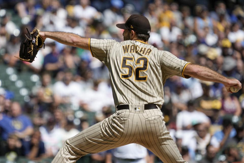 San Diego Padres starting pitcher Michael Wacha throws during the first inning of a baseball game against the Milwaukee Brewers Sunday, Aug. 27, 2023, in Milwaukee. (AP Photo/Morry Gash)