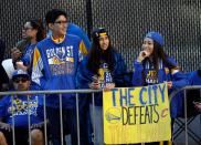 <p>Fans wait for a parade and rally to start in honor of the Golden State Warriors, Thursday, June 15, 2017, in Oakland, Calif., to celebrate the team’s NBA basketball championship. (AP Photo/Marcio Jose Sanchez) </p>