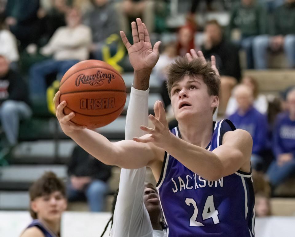 Jackson’s Kyle Monterrubio goes to the basket against GlenOak on Friday, Feb. 2, 2024