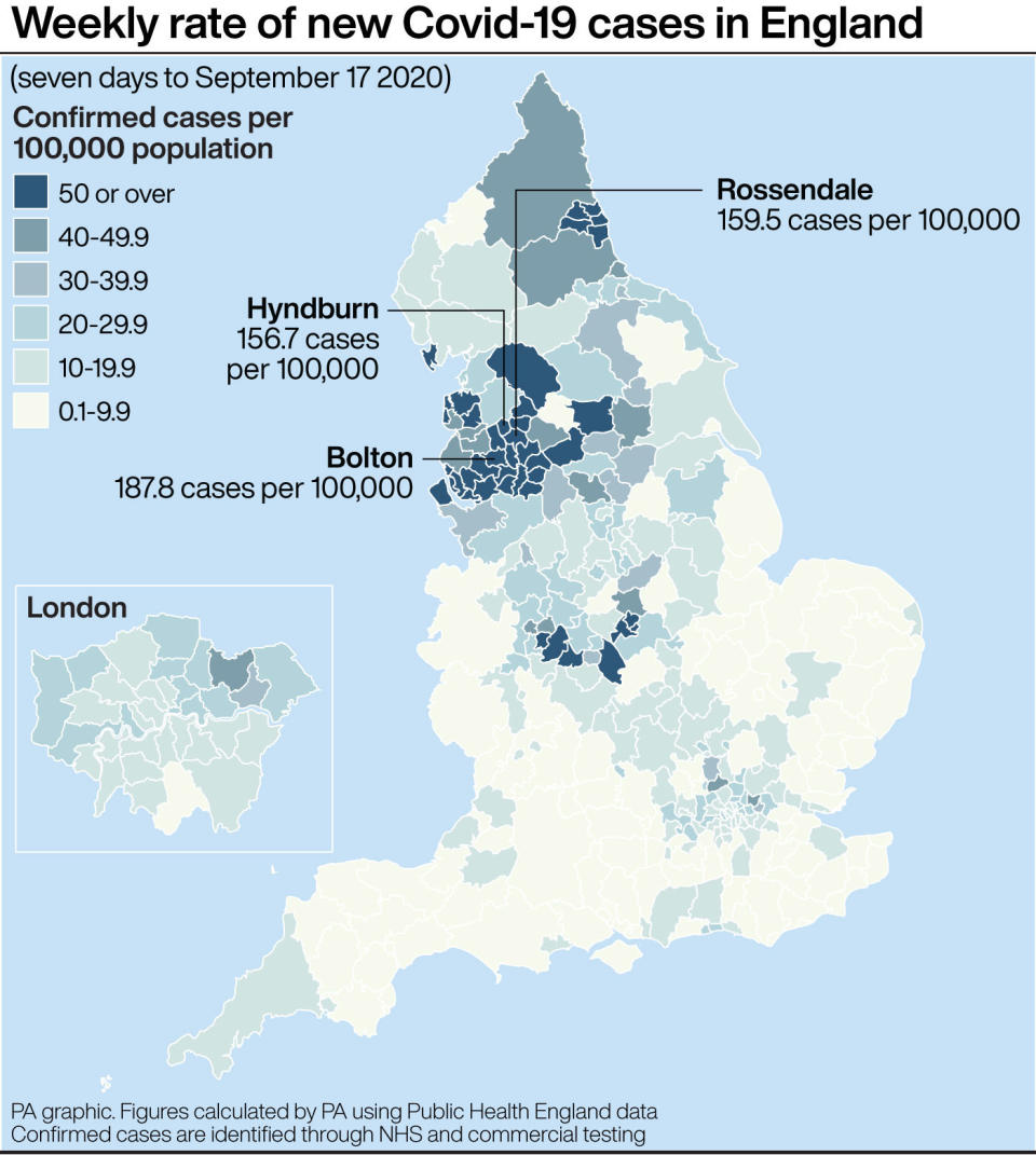 Weekly rate of new Covid-19 cases in England. See story HEALTH Coronavirus. Infographic PA Graphics. An editable version of this graphic is available if required. Please contact graphics@pamediagroup.com.