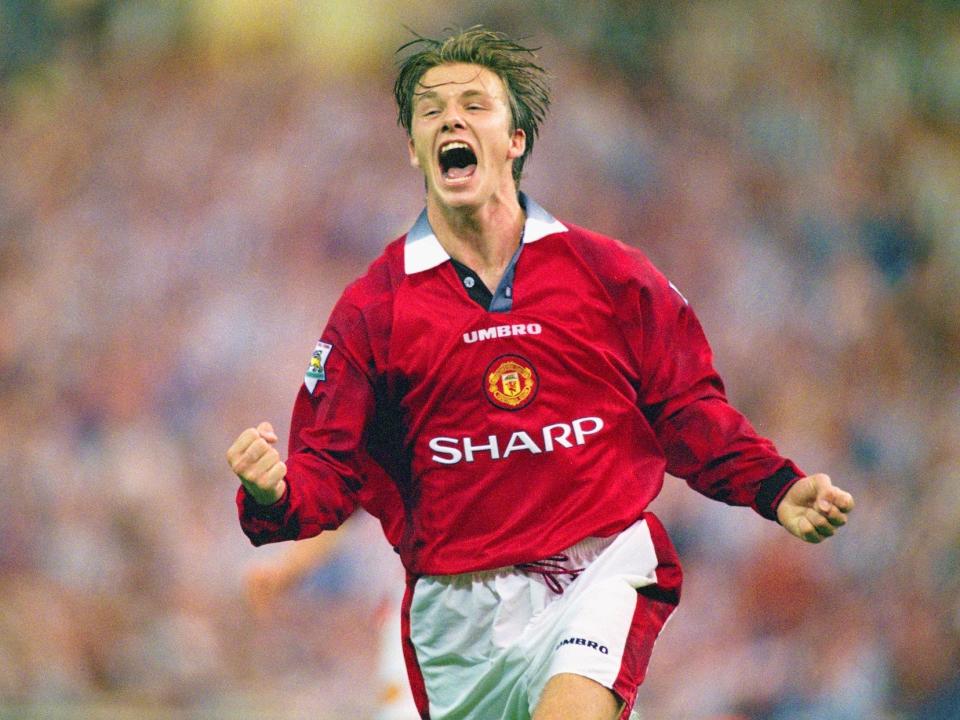 David Beckham of Manchester United celebrates after scoring the third goal in the 1996 FA Charity Shield between Manchester United and Newcastle United at Wembley Stadium.