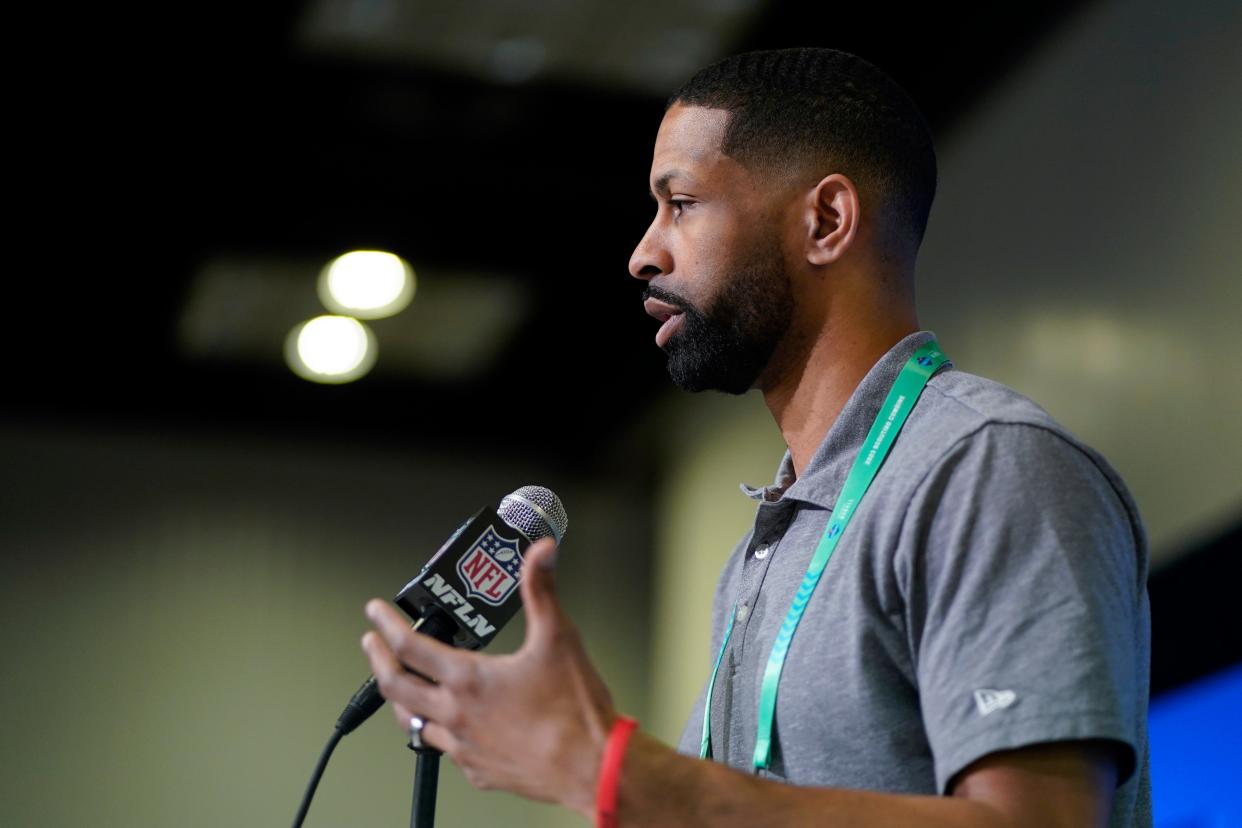 Browns general manager Andrew Berry speaks during a news conference at the combine, Tuesday, Feb. 28, 2023, in Indianapolis.