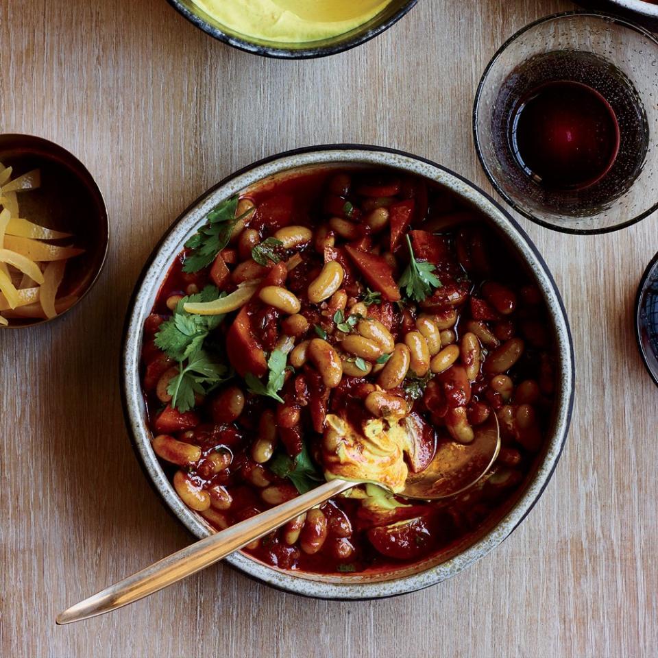 Harissa White Bean Stew with Turmeric Yogurt 