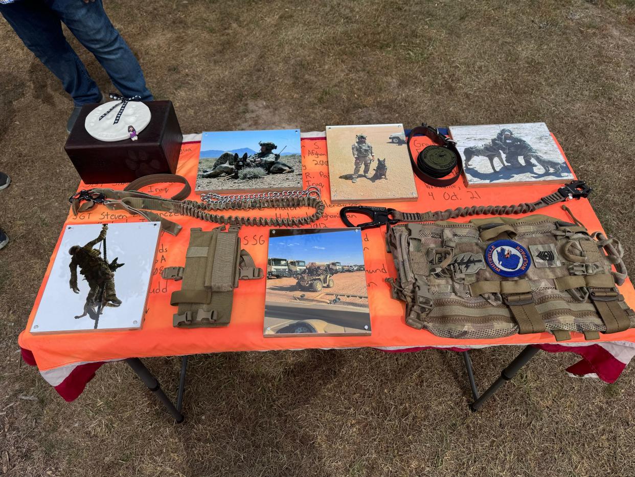 Photos and military apparel worn by Figo during his deployments being displayed at his memorial service at the Airborne & Special Operations Museum in Fayetteville, May 4, 2024.