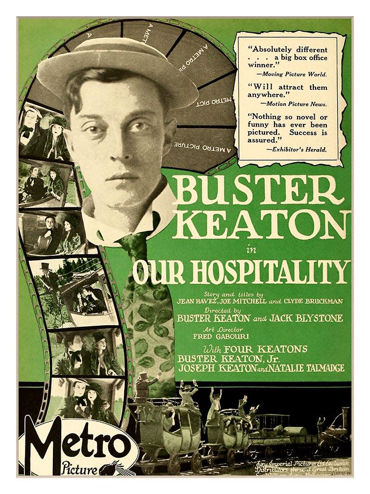 An original promotional poster for 'Our Hospitality' (1923) starring Buster Keaton, a classic silent comedy film to be screened with live music by Jeff Rapsis on Wednesday, July 12 at 6 p.m. at the historic Leavitt Theatre, 259 Main St., Route 1, Ogunquit, Maine. Admission is $12 per person. For more info, call (207) 646-3123 or visit www.leavittheatre.com.