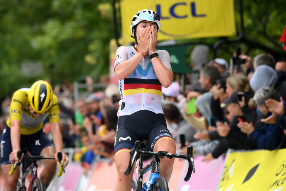 MAURIAC FRANCE  JULY 24 Liane Lippert of Germany and Movistar Team celebrates at finish line as stage winner during the 2nd Tour de France Femmes 2023 Stage 2 a 1517km stage from ClermontFerrand to Mauriac  UCIWWT  on July 24 2023 in Mauriac France Photo by Alex BroadwayGetty Images