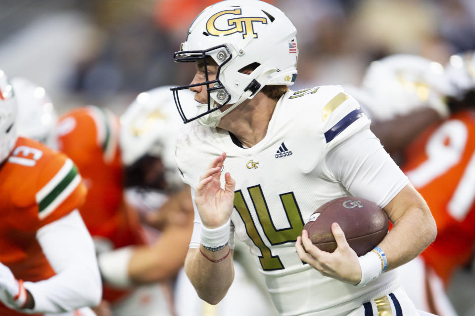 Georgia Tech quarterback Zach Pyron runs with the ball in the first half of an NCAA college football game against Miami, Saturday, Nov. 12, 2022, in Atlanta. (AP Photo/Hakim Wright Sr.)