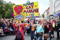 <p>Thousands of people take part in the annual Belfast Pride event in Belfast city center celebrating Northern Ireland’s LGBT community on Aug. 5, 2017. (Photo: Press Eye Ltd/REX/Shutterstock) </p>