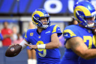 Los Angeles Rams quarterback Matthew Stafford throws a pass during the first half of an NFL football game against the Detroit Lions, Sunday, Oct. 24, 2021, in Inglewood, Calif. (AP Photo/Kevork Djansezian)