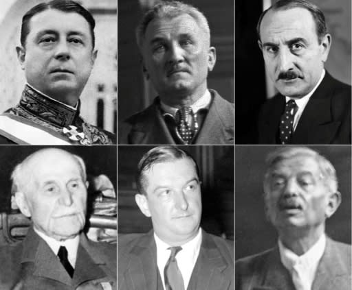 From left to right: Top Vichy officials Marcel Peyrouton, Joseph Darnand, Adrien Marquet, former leader Philippe Petain, Rene Bousquet and prime minister Pierre Laval