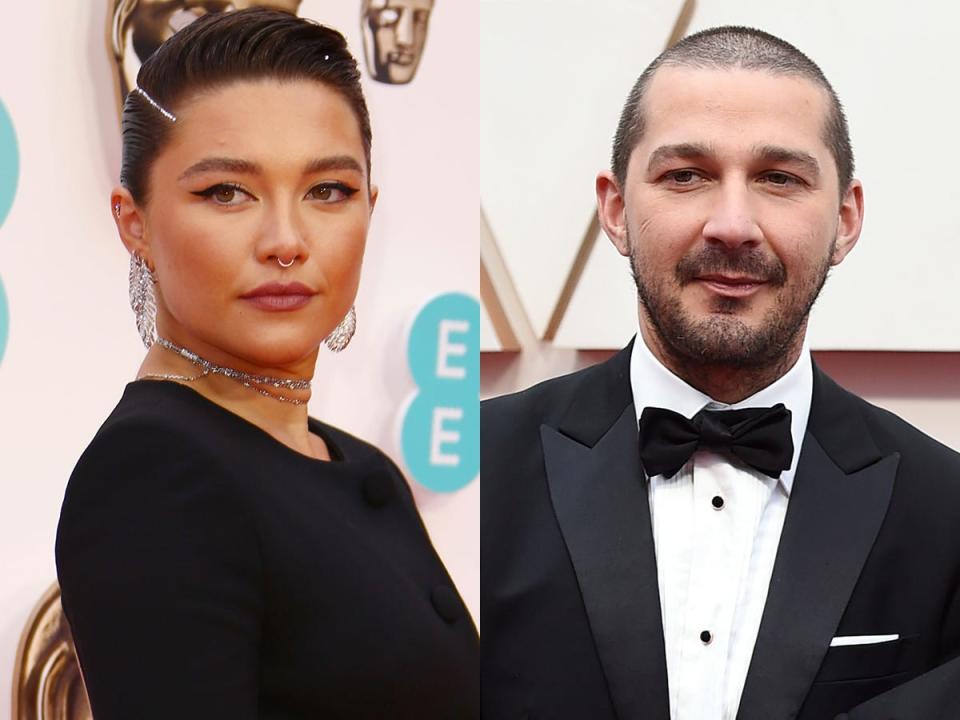 On the left: Florence Pugh in March 2022. On the right: Shia LaBeouf in February 2020.