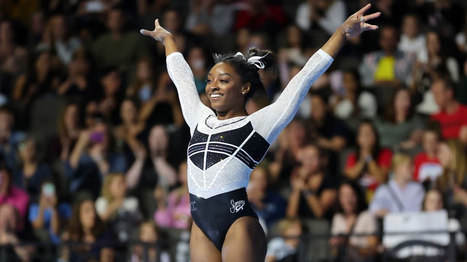 At the Core Hydration Classic in Hoffman Estates, Illinois, Biles won her first competitive event since dropping out of events during the Tokyo Olympics in 2021. - Stacy Revere/Getty Images