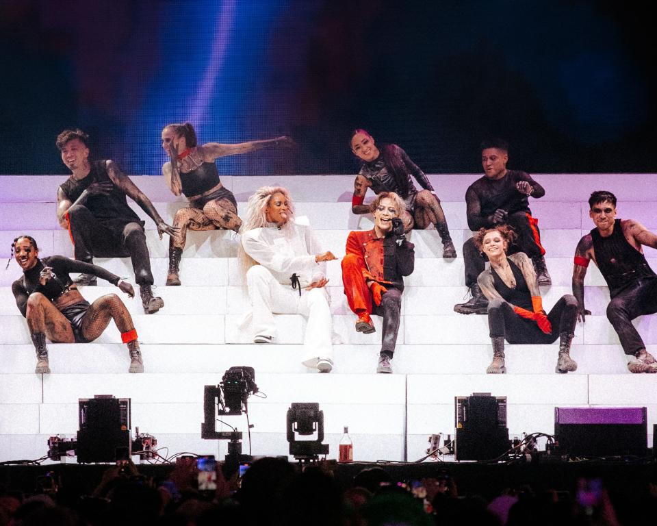 Hip-hop star Ciara jumps on stage as Jackson Wang's special guest during his Coachella set Sunday, April 16 at the Empire Polo Club in Indio, Calif.